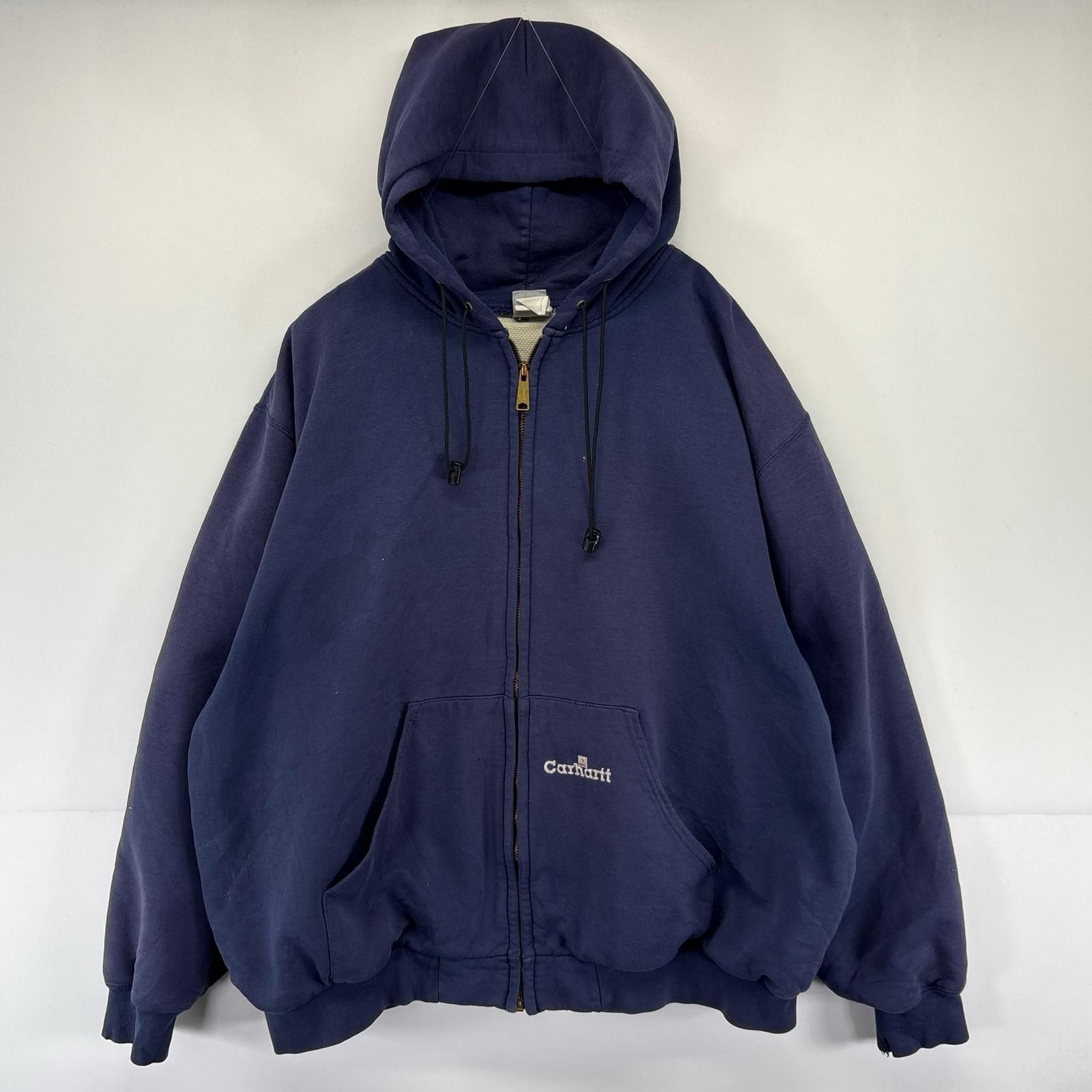 古着 カーハート Carhartt パーカー ロゴ フーディ 刺繍 大きいサイズ ワンポイント 裏地メッシュ ネイビー系 メンズ