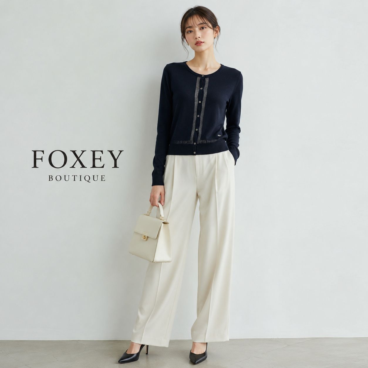 【美品 / 上品な透かし編みデザイン】FOXEY BOUTIQUE / フォクシーブティック 40「Sサイズ/7号相当」ミッドナイトブルー Cardigan コットンBLEND ニットカーディガン 通勤 学校行事 お食事会