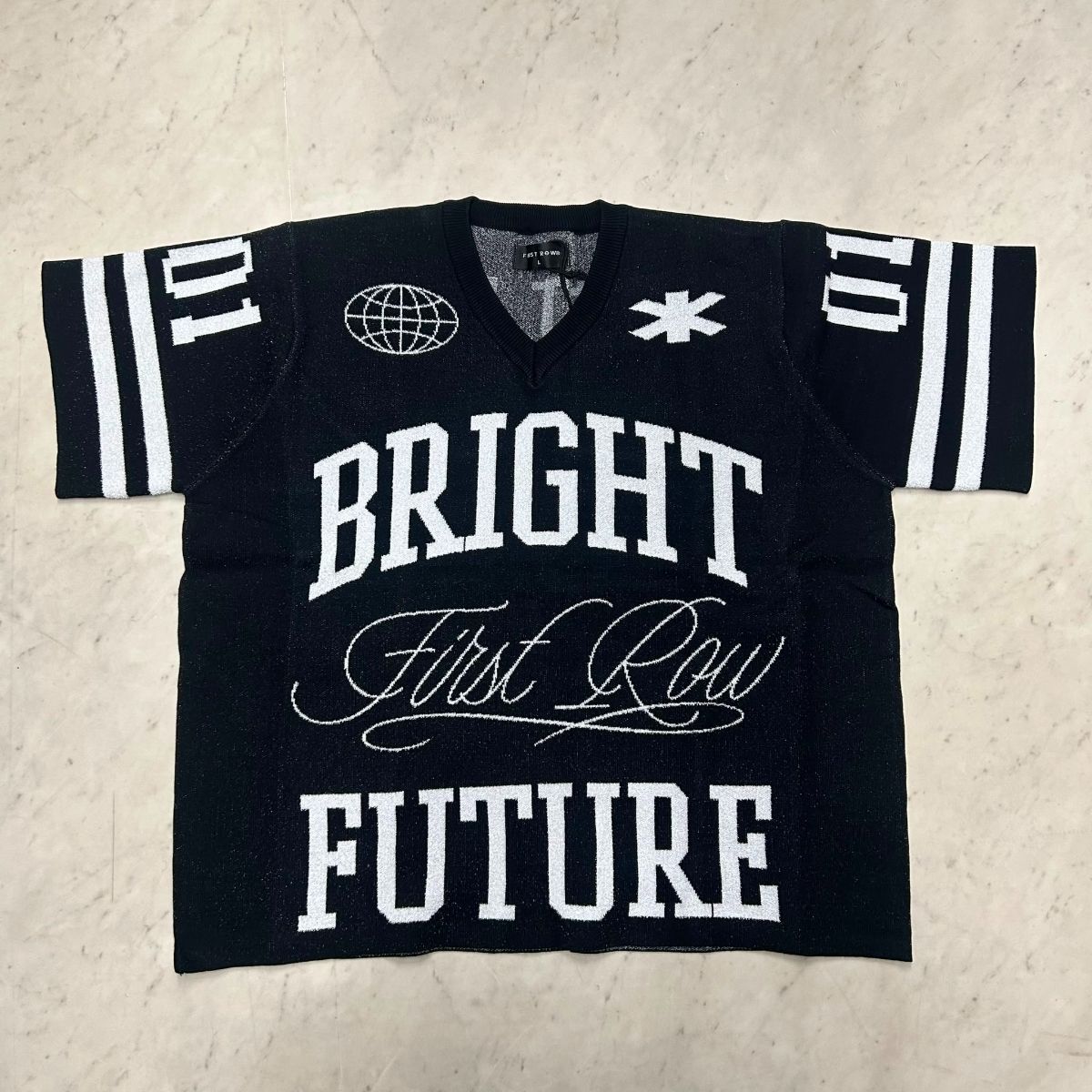 LA発祥 FIRST ROW ファーストロー Bright Future Varsity Jacquard Boxy Sweater ジャガード サマーセーター (CropT53)