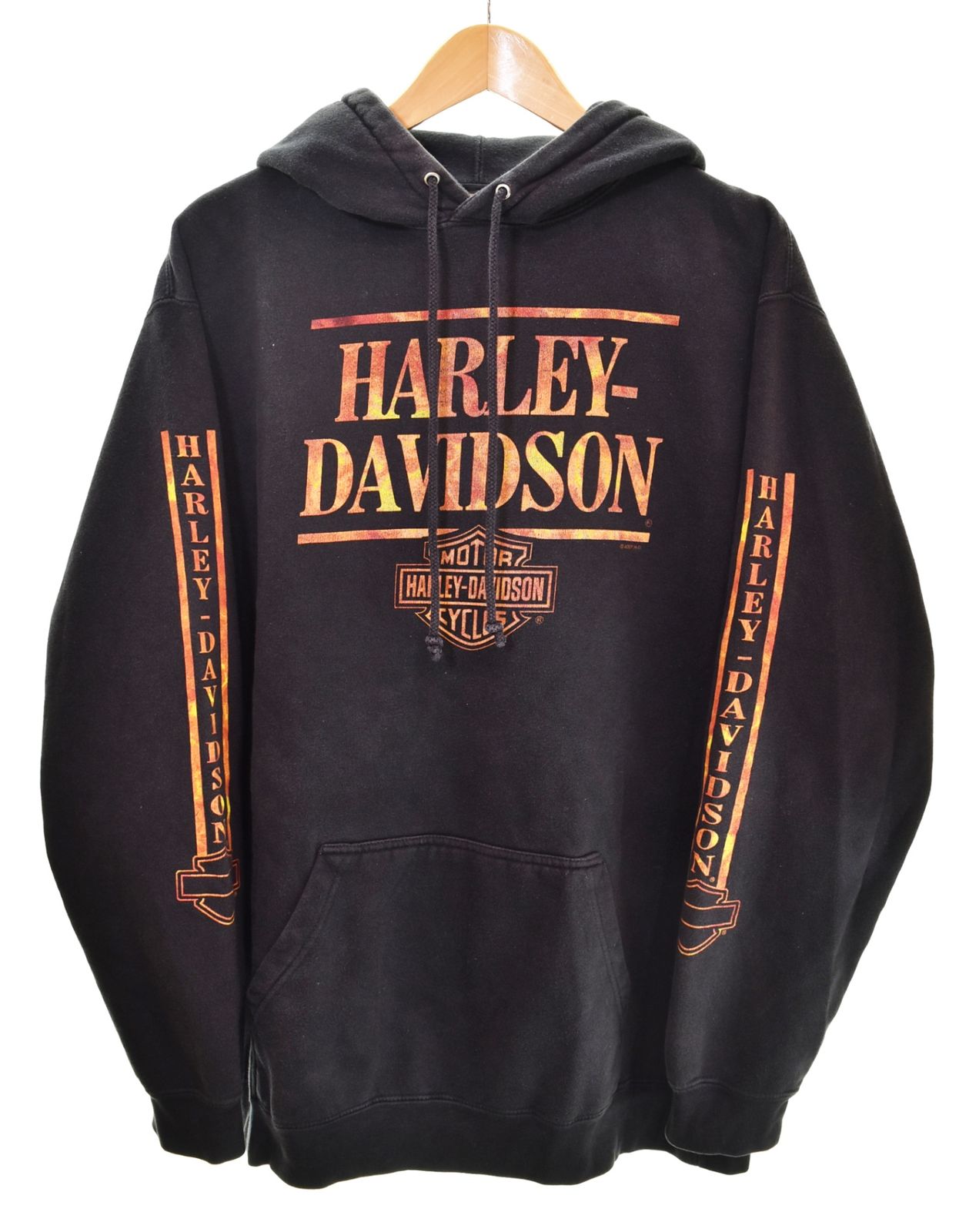 ハーレーダビッドソン HARLEY DAVIDSON 00s Sweat Pullover Hoodie Print 袖ロゴ スウェット フーディー 全面プリント 裏起毛 M パーカ ブラック Mサイズ 103MT-4862