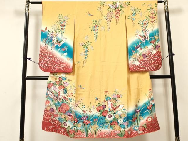 平和屋着物[]七五三　女の子　７歳　祝着　四つ身　型染　舞蝶花鳥文　暈し染め　金銀彩　逸品　DABC5479ma