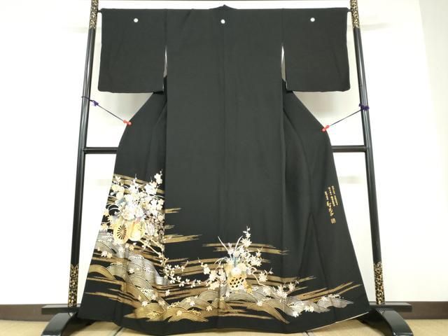 平和屋着物●金彩友禅　卓越技能者・名工・和田光正　黒留袖　立波花車文　金彩　正絹　逸品　DABD9406ud