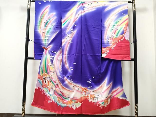 平和屋着物[]七五三　女の子　子供　祝着　駒刺繍　御所車飛鶴花文　暈し染め　金銀彩　仮絵羽　逸品　未使用　DABE7297ma