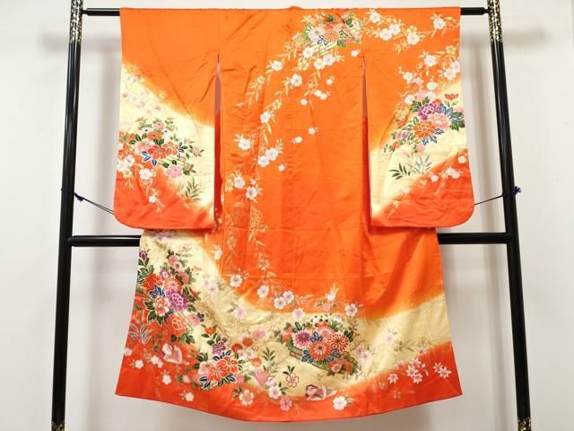 平和屋着物[]七五三　女の子　７歳　祝着　四つ身　鴛鴦　花筏　暈し染め　金彩　DABE7309ma