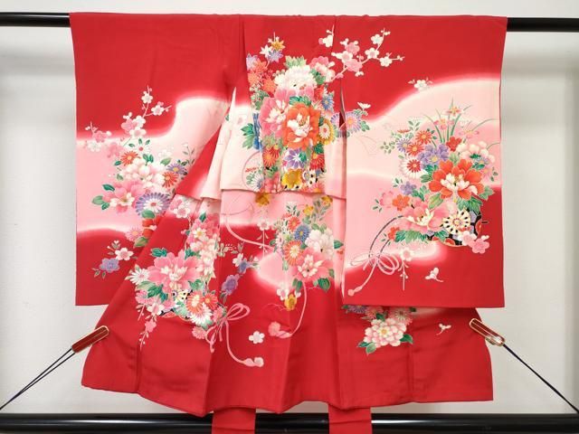 平和屋着物[]七五三　女の子　３歳　祝着　三つ身　花車文　暈し染め　金彩　逸品　DABE7322ma
