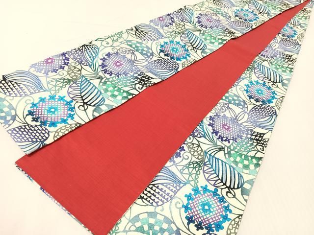 平和屋着物●両面　半幅帯　型染め　草花文　正絹　逸品　未使用　CABG7952vp