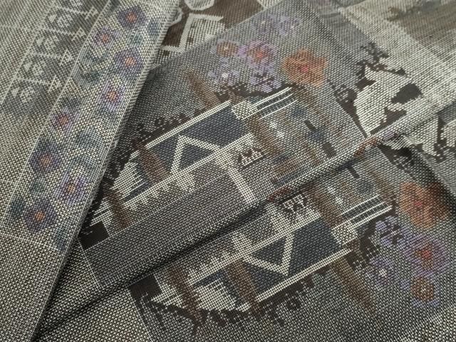平和屋着物●本場大島紬　9マルキ　風景草花文　正絹　逸品　DABF1471ud