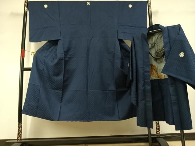 平和屋着物●男性　色紋付　羽織セット　菱地紋　紺色　銀通し地　洗える着物　AABI8964fy