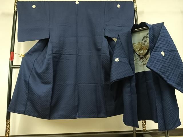 平和屋着物●男性　色紋付　羽織セット　菱地紋　濃藍色　洗える着物　AABI8965fy