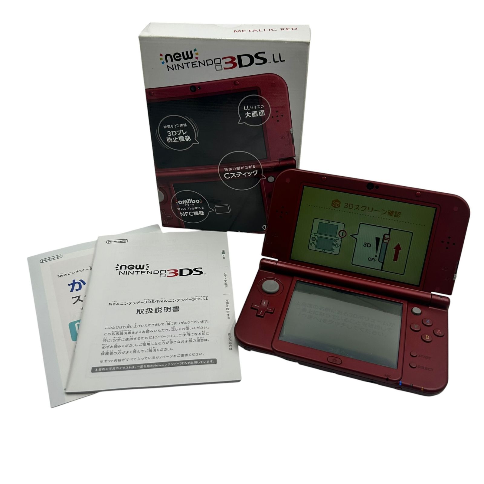■Nintendo Newニンテンドー3DS LL メタリックレッド 本体 外箱 説明書付 動作確認済み 画面焼けあり2642666,2642666
