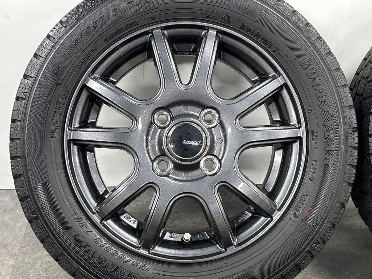 【25年製 バリ溝】EMBELY S10 13in 4.00B +45 PCD100 グッドイヤー アイスナビ7 155/65R13 ワゴンR アルト ミラジーノ プレオ ザッツ モコ