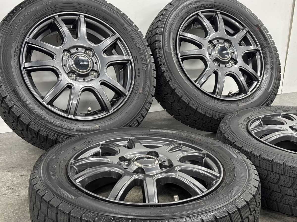 【25年製 バリ溝】EMBELY S10 13in 4.00B +45 PCD100 グッドイヤー アイスナビ7 155/65R13 ワゴンR アルト ミラジーノ プレオ ザッツ モコ