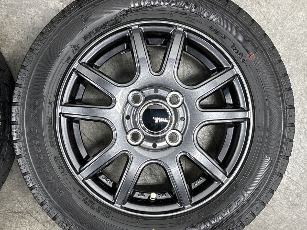 【25年製 バリ溝】EMBELY S10 13in 4.00B +45 PCD100 グッドイヤー アイスナビ7 155/65R13 ワゴンR アルト ミラジーノ プレオ ザッツ モコ