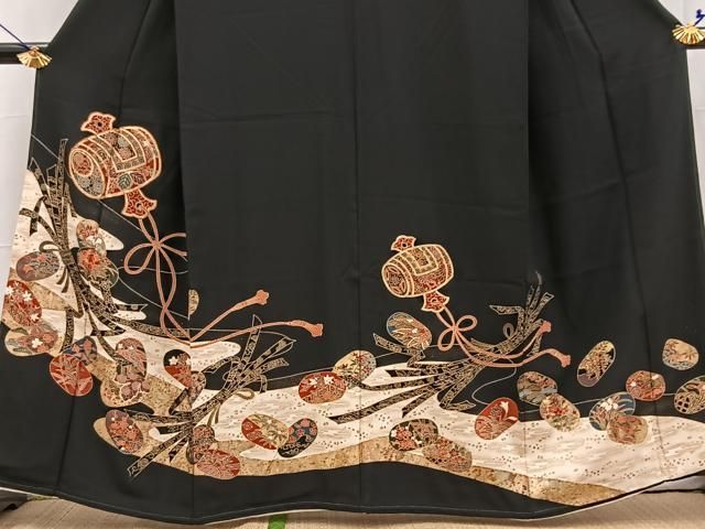 NA193アンティーク着物豪華金刺繍しつけ糸付き着丈128センチ裄丈60センチ 平和屋着物□豪華黒留袖 駒刺繍 小槌束ね熨斗花文 金彩 正絹 逸品