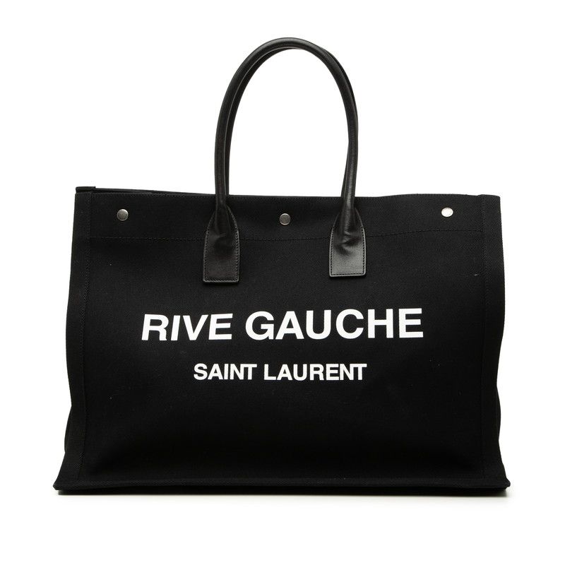 サンローラン RIVE GAUCHE リヴ ゴーシュ ロゴプリント トートバッグ GNR509415 ブラック キャンバス レザー レディース SAINT LAURENT【1-0274967】