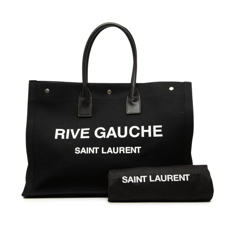 サンローラン RIVE GAUCHE リヴ ゴーシュ ロゴプリント トートバッグ GNR509415 ブラック キャンバス レザー レディース SAINT LAURENT【1-0274967】