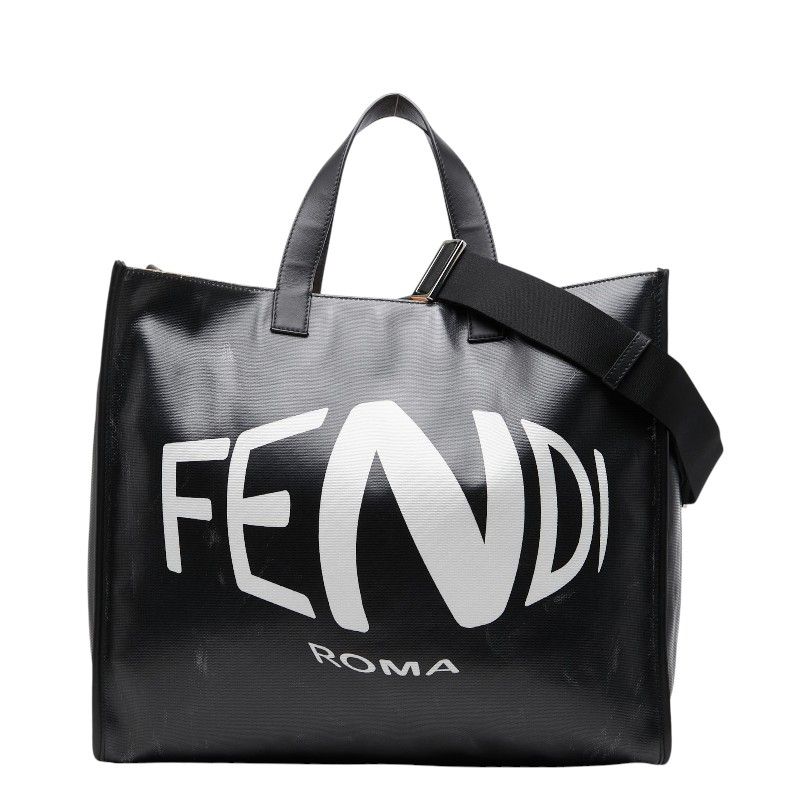 フェンディ ビッグロゴ フィッシュアイ トートバッグ ショルダーバッグ 2WAY 7VA390 ブラック ホワイト PVC レザー レディース FENDI【228-77365】