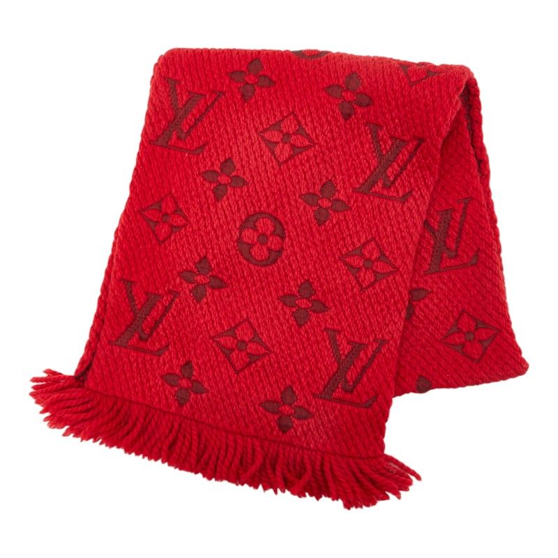 ルイ ヴィトン モノグラム エシャルプ ロゴマニア マフラー M72432 レッド ウール シルク レディース LOUIS VUITTON【1-0277452】