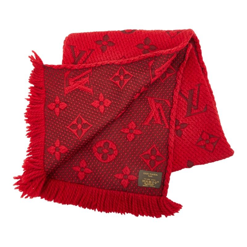 ルイ ヴィトン モノグラム エシャルプ ロゴマニア マフラー M72432 レッド ウール シルク レディース LOUIS VUITTON【1-0277452】