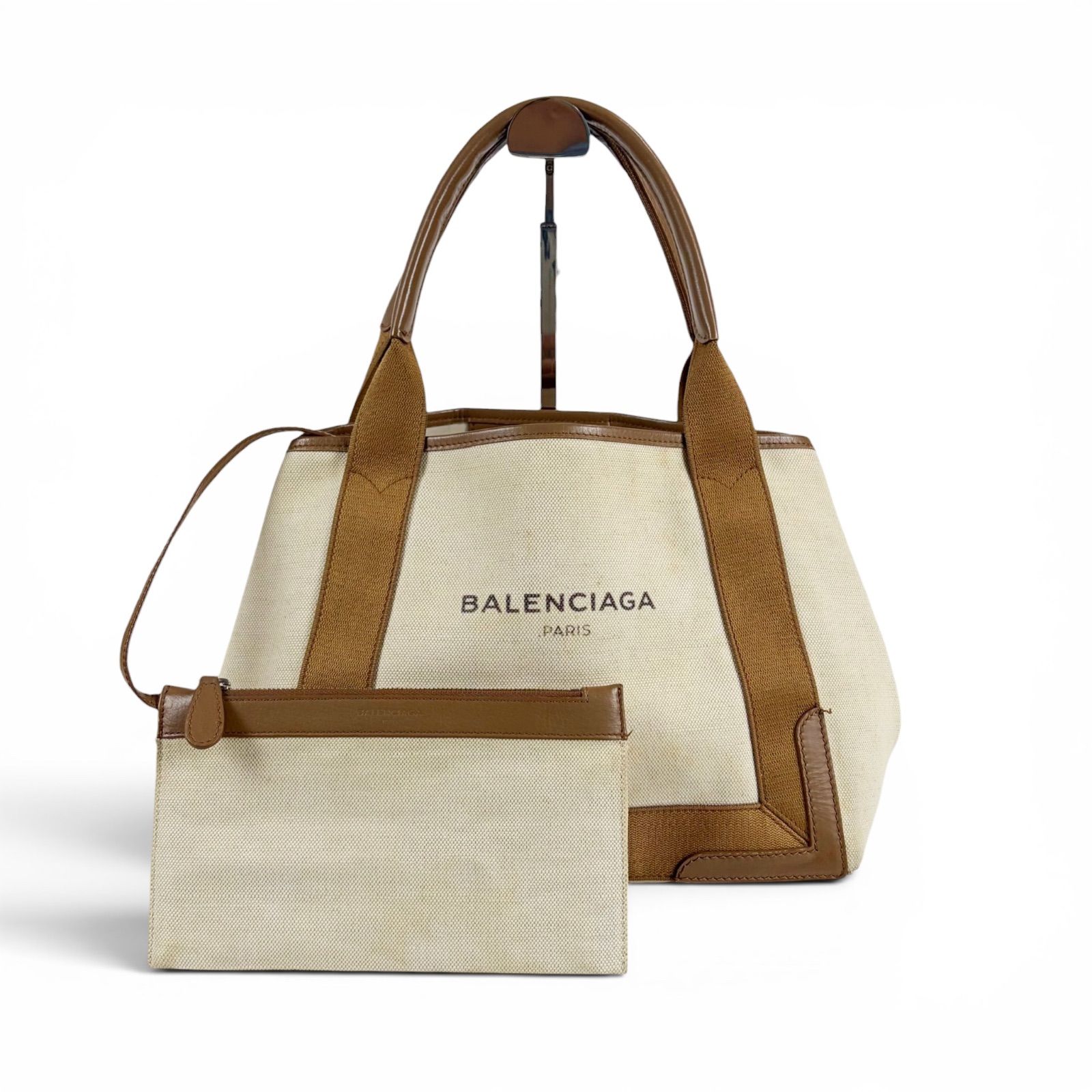 バレンシアガ BALENCIAGA ネイビーカバス S ミニトートバッグ ハンドバッグ ポーチ付き ブラウン ホワイト キャンバス バレンシアガ BALENCIAGA ネイビーカバス S ミニトートバッグ ハンドバッグ ポーチ付き ブラウン ホワイト キャンバス