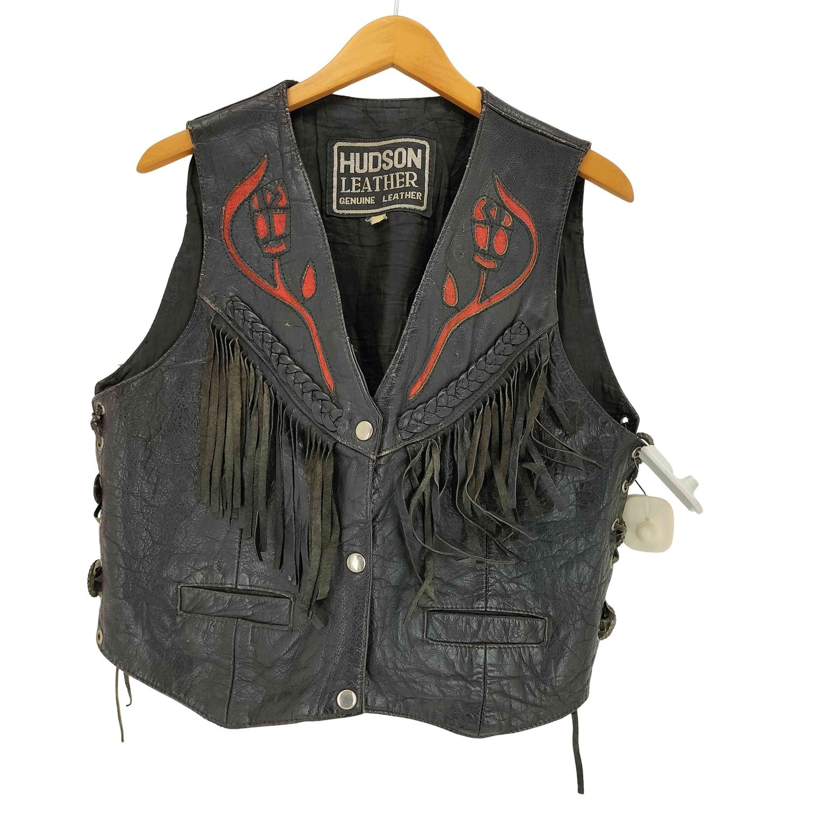 ユーズドフルギ USED古着 {{HUDSON LEATHER}}フリンジ コンチョ リアルレザーVネックベスト メンズ JPN：M