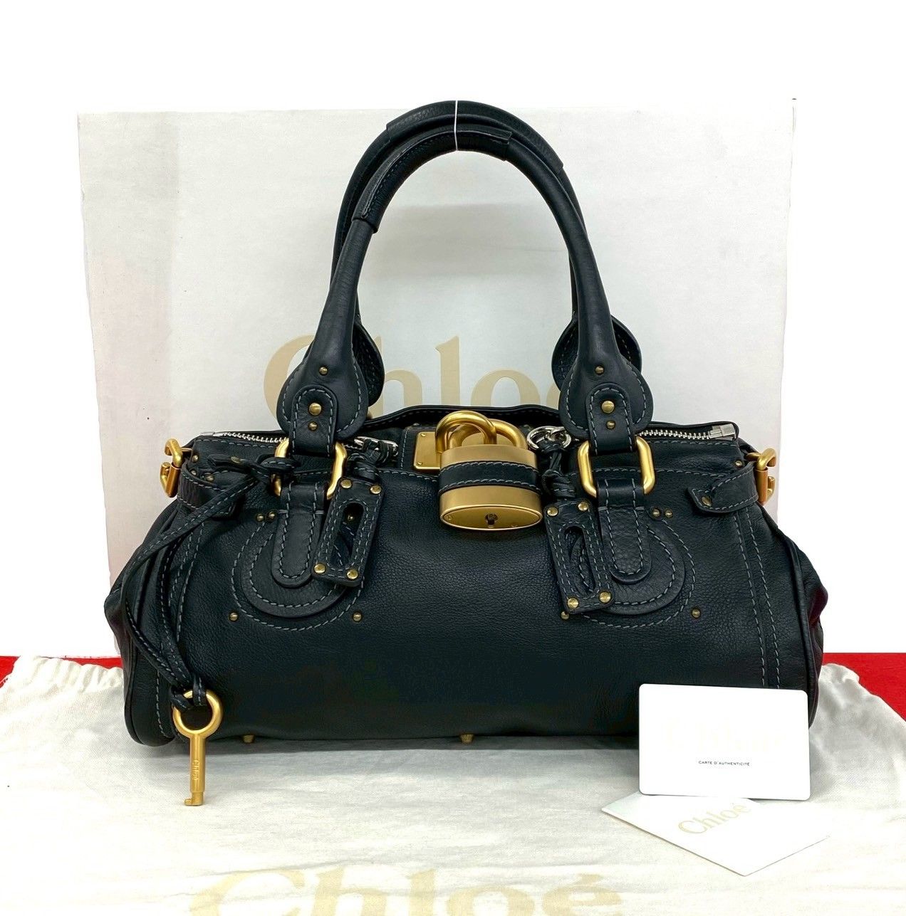 極 美品 保存箱 袋付き Chloe クロエ パディントン ロゴ 金具 スタッズ