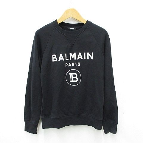 バルマン BALMAIN トレーナー スウェット 長袖 クルーネック ロゴ プリント コットン 綿 ブラック ホワイト 黒 白 S ☆AA★