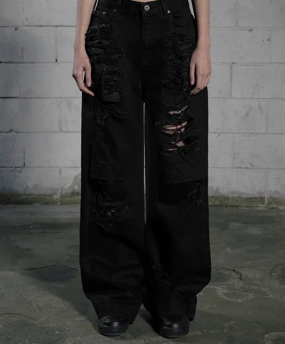 ボヘミアンソウル KNEE OPEN RIPPED WIDE JEANS BLACK S