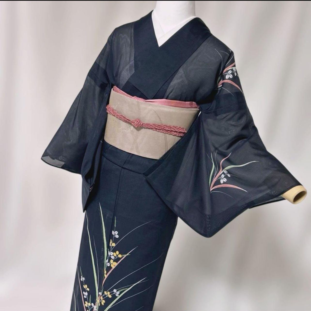 売約済み　美品 正絹 絽縮緬 夏訪問着 黒地 草花柄 袋帯セット 涼感 上品 感謝価格】東レ 絽 紗 訪問着 フルセット 夏紗袋帯 夏帯締め 夏帯揚げ