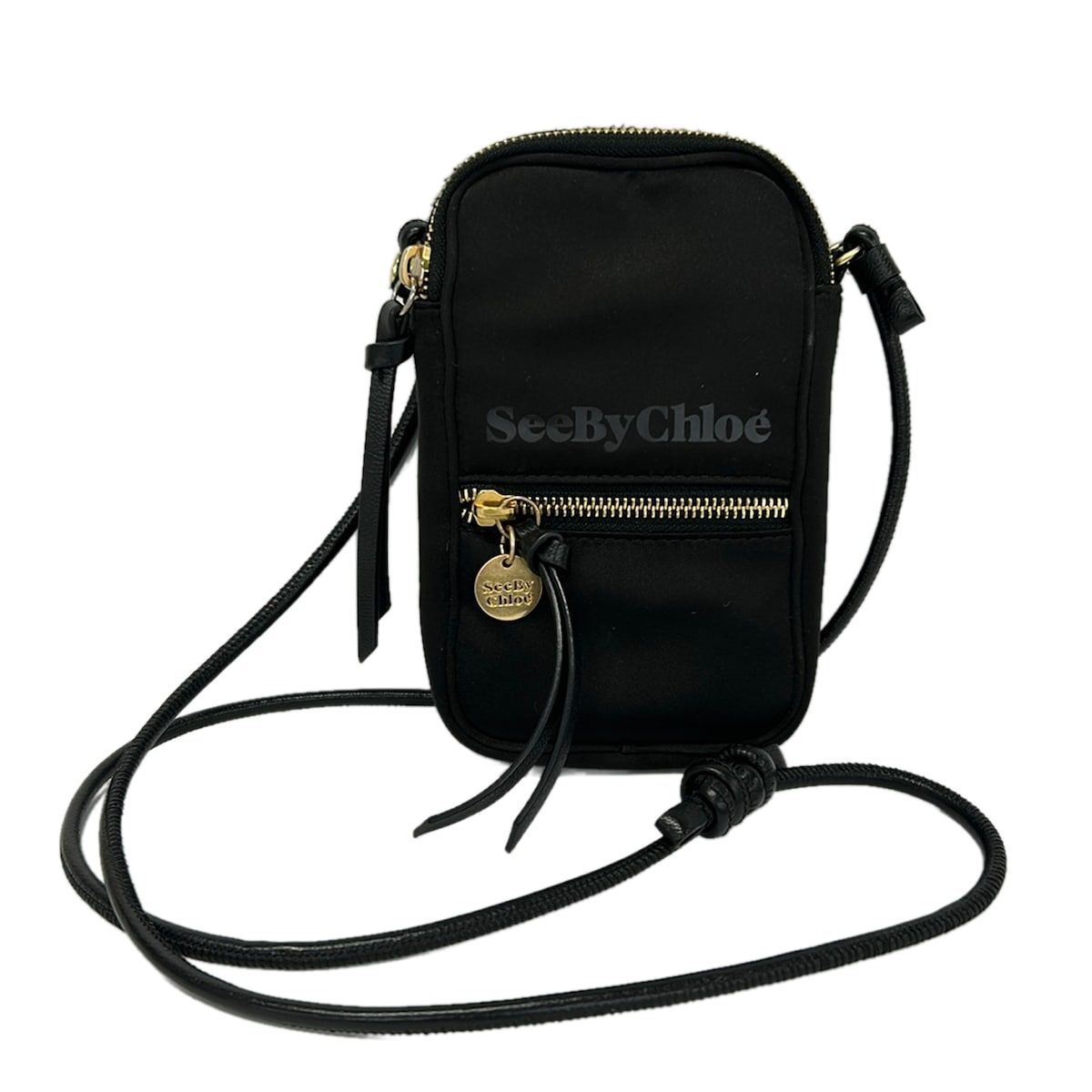 SEE BY CHLOE(シーバイクロエ) 携帯電話ケース 黒 ネックストラップ付き レザー