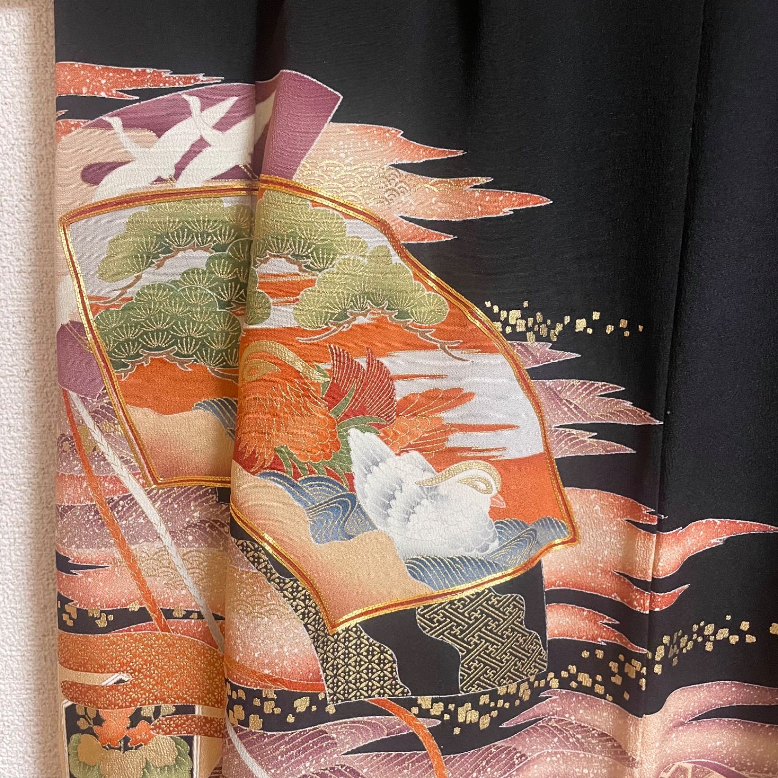 一点物 着物リメイク ロングワンピース ドレス 黒留袖 正絹 鴛鴦松文