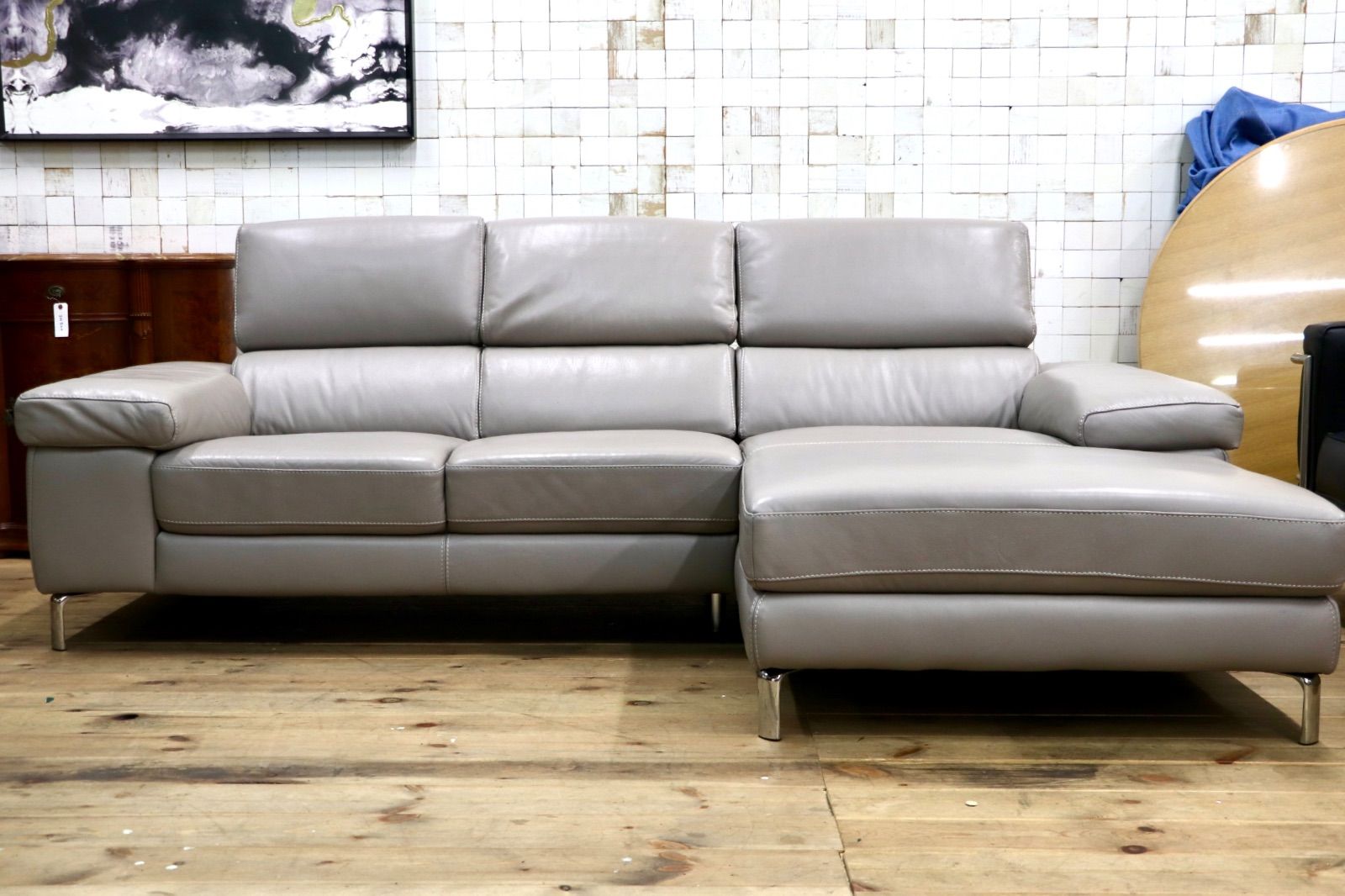 GMJK195○Leather World / レザーワールド カウチソファ 本革 グレー 3人掛け ヘッドレスト可動 L字ソファ モダン