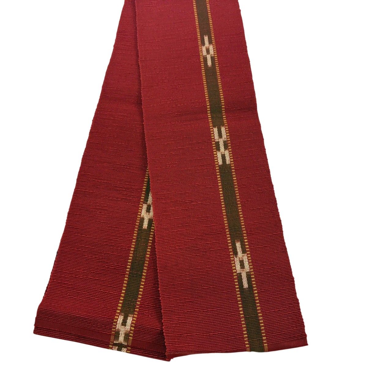 【美品】半幅帯 秀品 縞 幾何学模様 赤 綿 【中古】