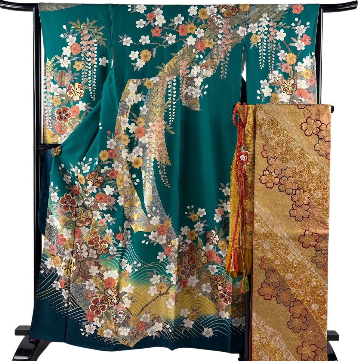振袖フルセット 身丈163.5裄66.5 緑 金彩 正絹 逸品 成人式 前撮り 振袖 身丈163.5cm 裄丈64cm M 袷 袋帯フルセット 花車 桜 金糸 金銀彩