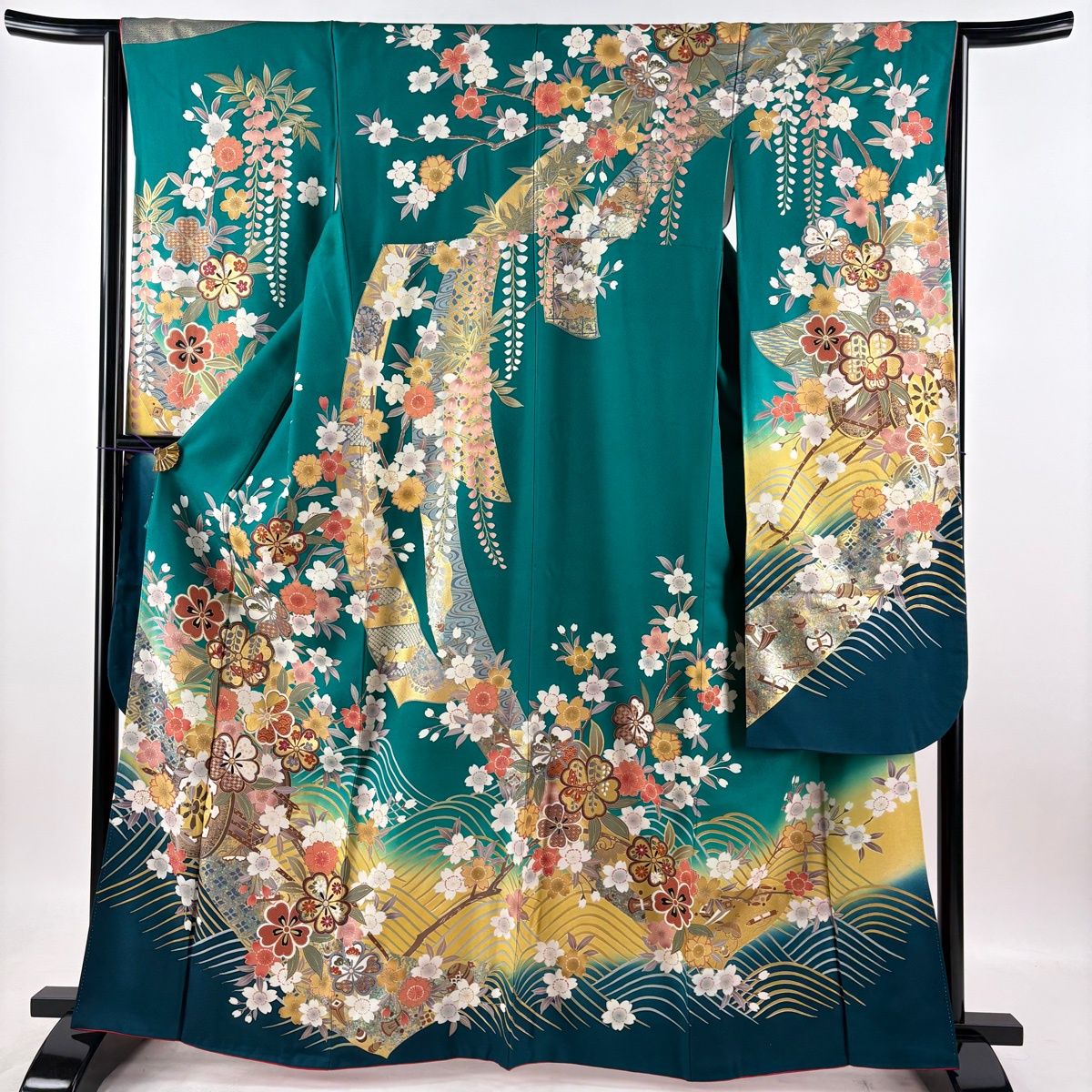 振袖 身丈163.5cm 裄丈64cm M 袷 袋帯フルセット 花車 桜 金糸 金銀彩
