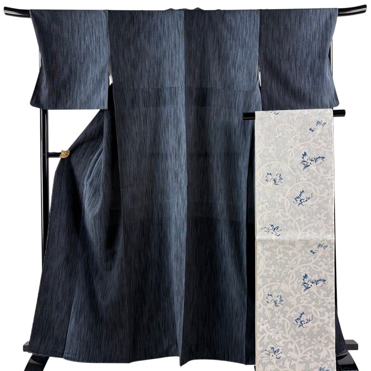 【美品】 紬 身丈163cm 裄丈70cm L 袷 袋帯セット 縦縞模様 黒 正絹 秀品 【中古】