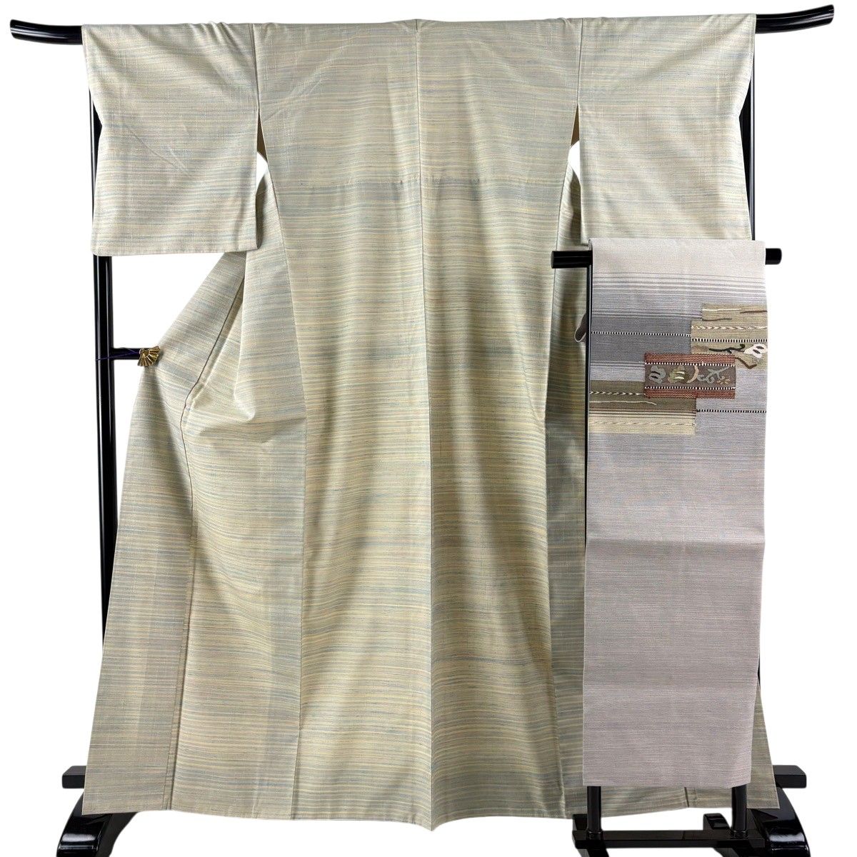 【美品】 紬 身丈165cm 裄丈68cm L 袷 名古屋帯セット 横縞 薄緑 正絹 名品 【中古】
