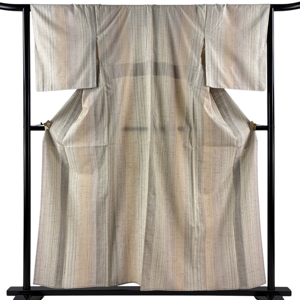 【美品】 紬 身丈156cm 裄丈65cm M 単衣 縦縞 灰茶 正絹 名品 【中古】