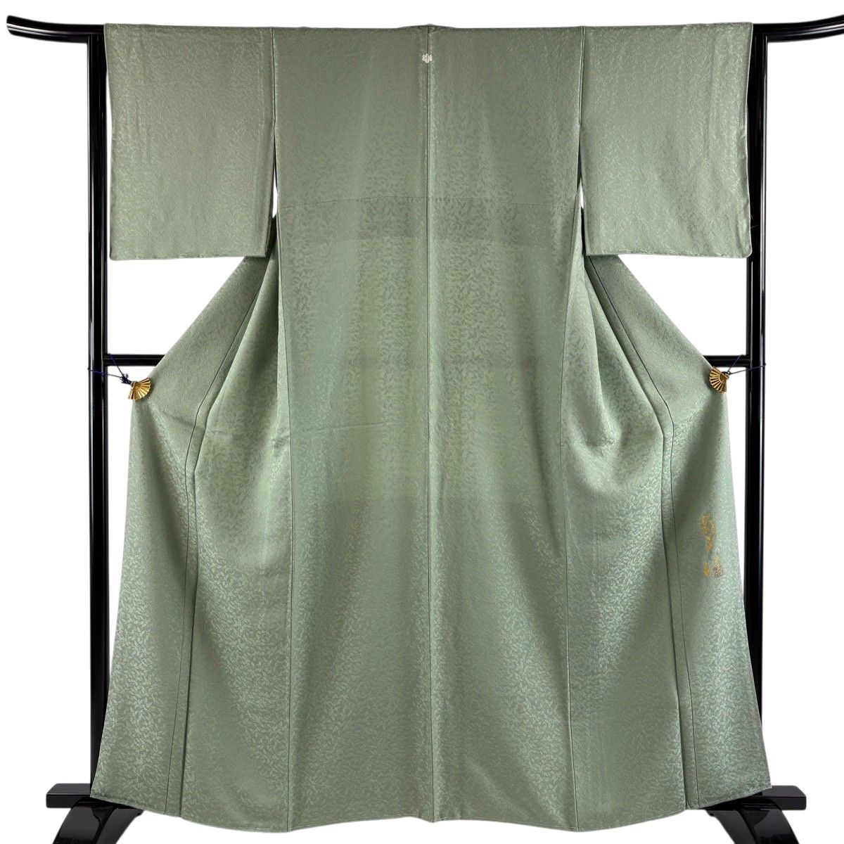 【美品】 色無地 身丈161cm 裄丈64cm M 袷 落款 地紋 薄緑 正絹 秀品 一つ紋 【中古】