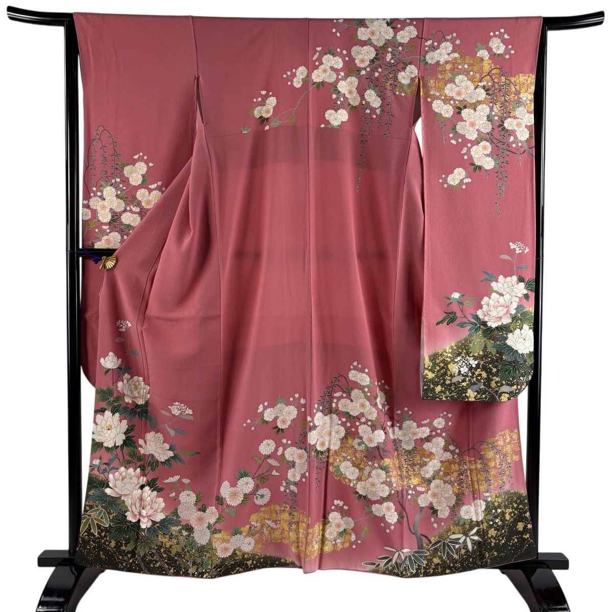 振袖 身丈160cm 裄丈64cm M 袷 落款 牡丹 菊 金彩 刺繍 ピンク 正絹 秀