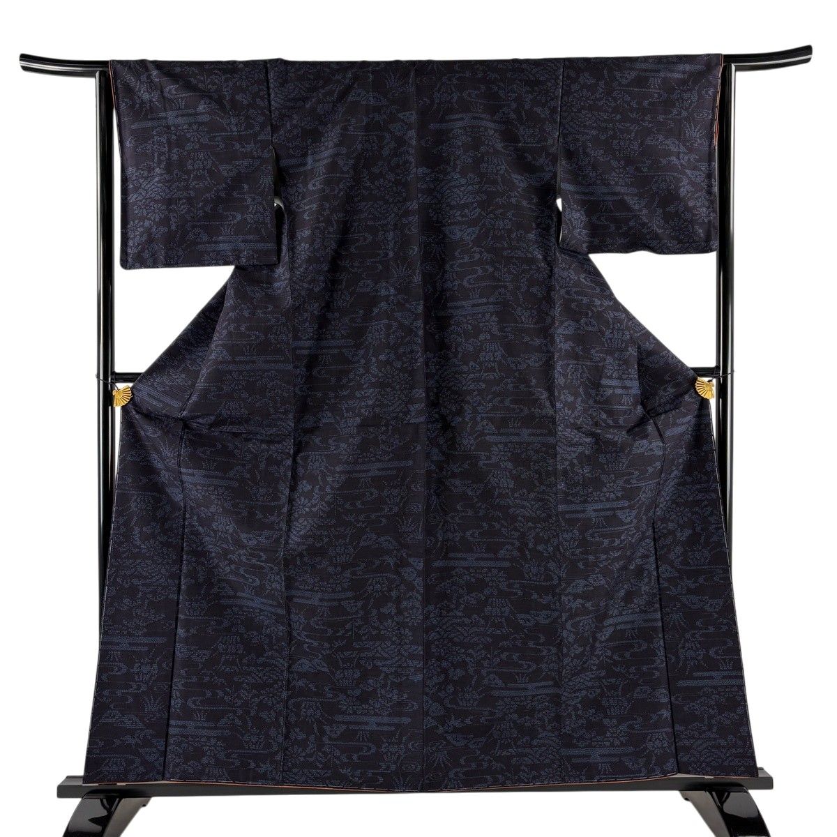 【美品】 紬 身丈161.5cm 裄丈64cm M 袷 証紙 ヱ霞 草花 紺色 正絹 秀品 【中古】