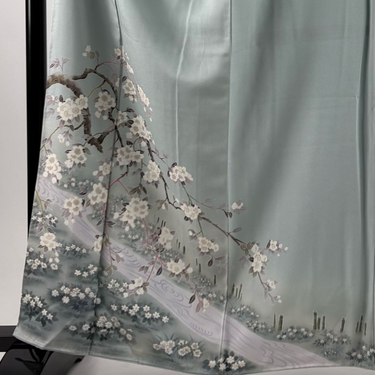 訪問着 身丈165cm 裄丈65cm M 袷 落款 枝桜 流水 ぼかし 水色 正絹 秀