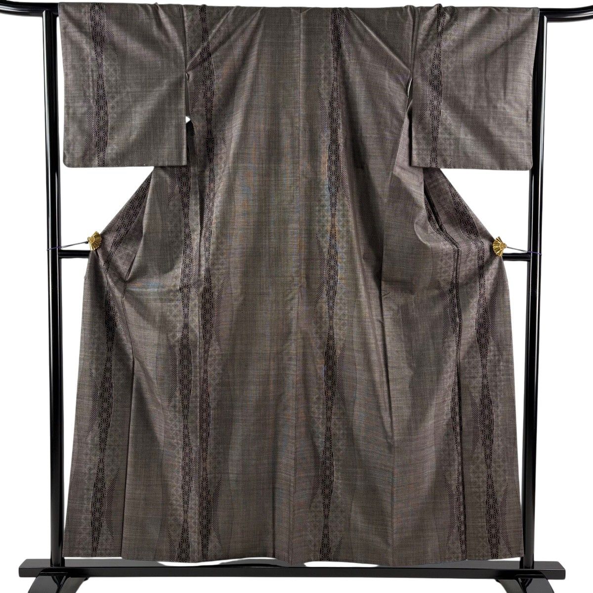 【美品】 紬 身丈157.5cm 裄丈66cm M 袷 麻の葉 よろけ縞 焦茶色 正絹 秀品 【中古】