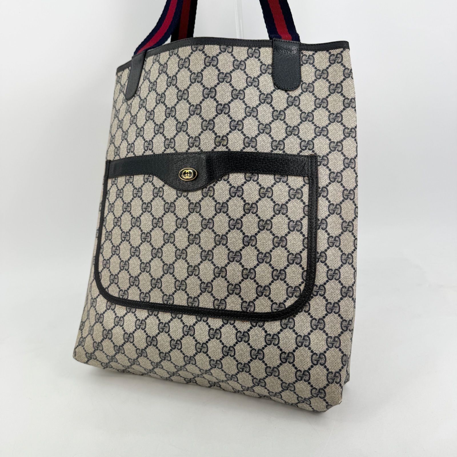 GUCCI グッチ シェリーライン GG柄 トートバッグ ネイビー PVC レザー A4可 ヴィンテージ