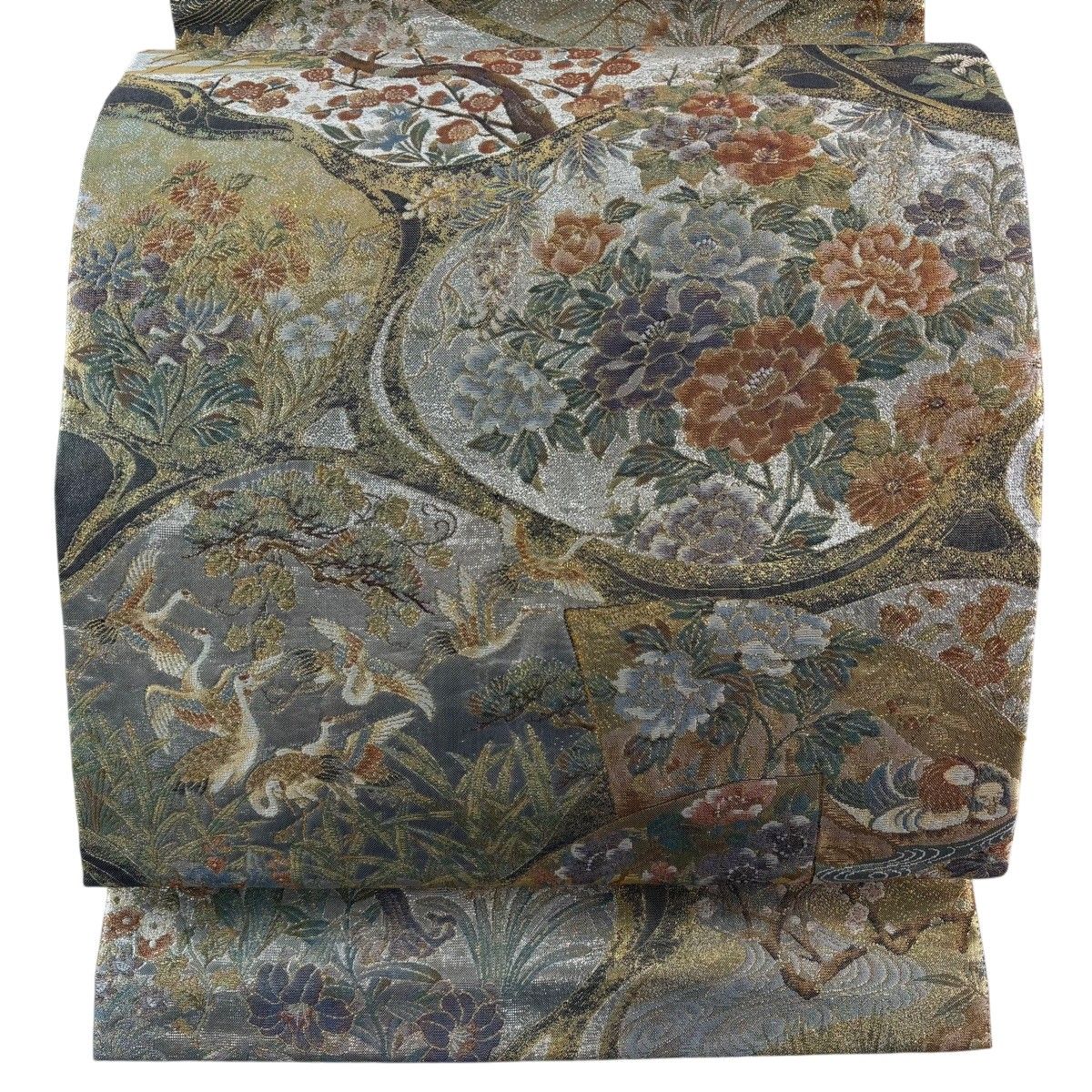 丸帯 名品 花鳥 琳派流水名勝図 箔 金糸 銀色 お太鼓柄 正絹 【中古】
