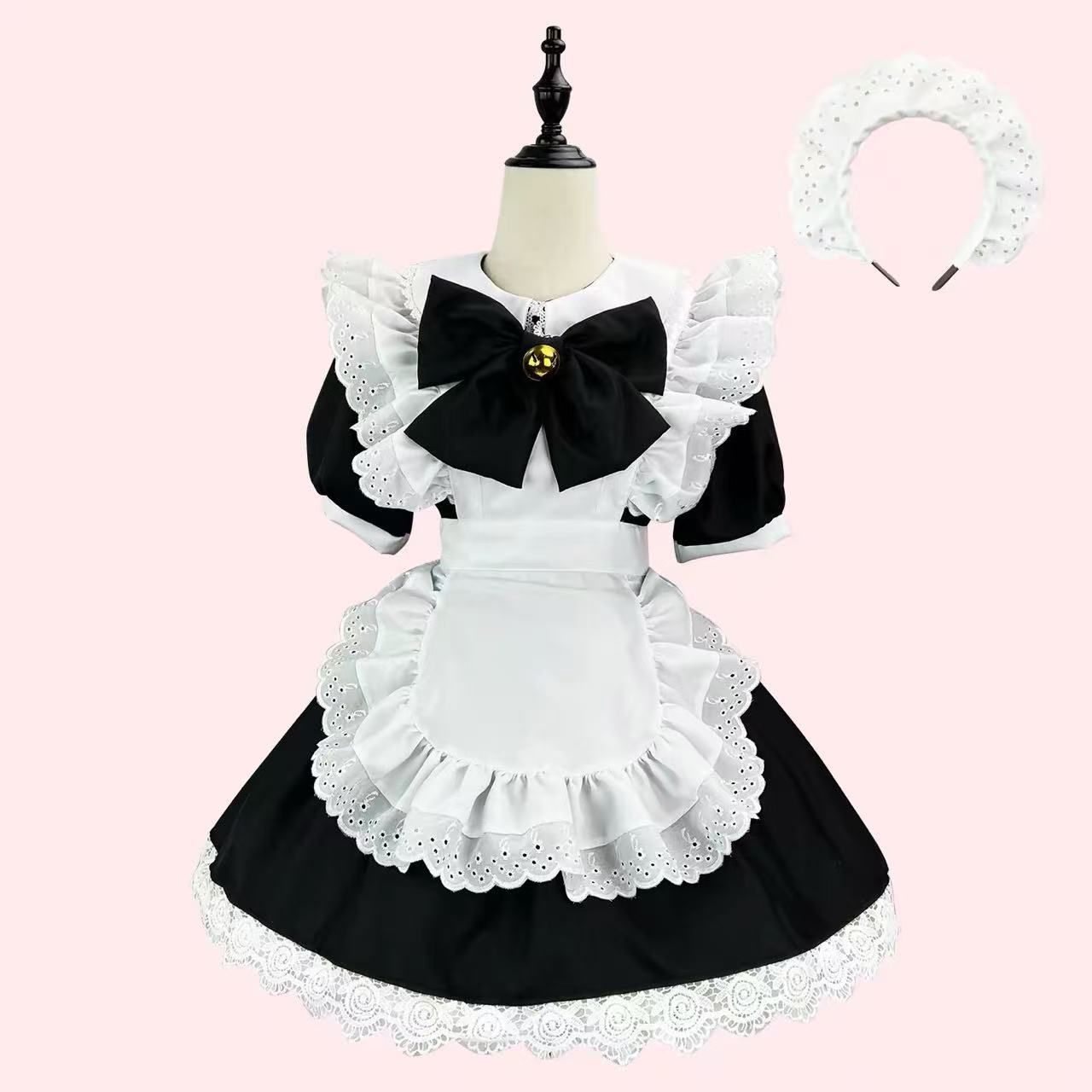 黒白クラシックメイド服 レースたっぷり ヘッドバンドおまけ付き コスプレ衣装