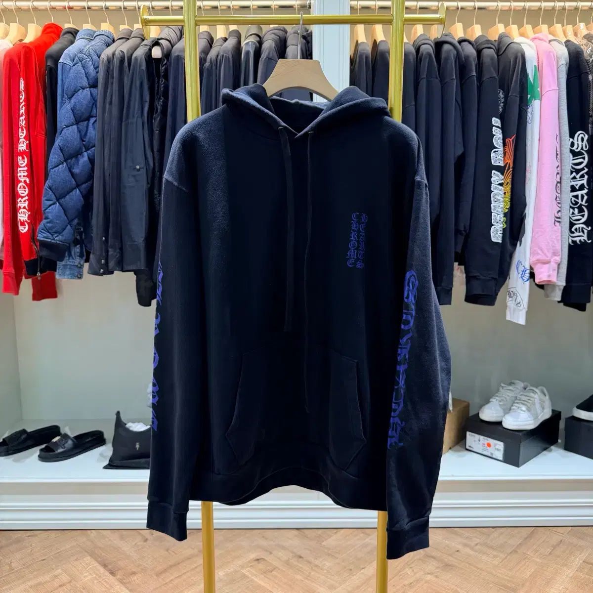 リー ブランド CHROME HEARTS クロムハーツ バーティカル ロゴ WHO フードTシャツ ブルー ブラック