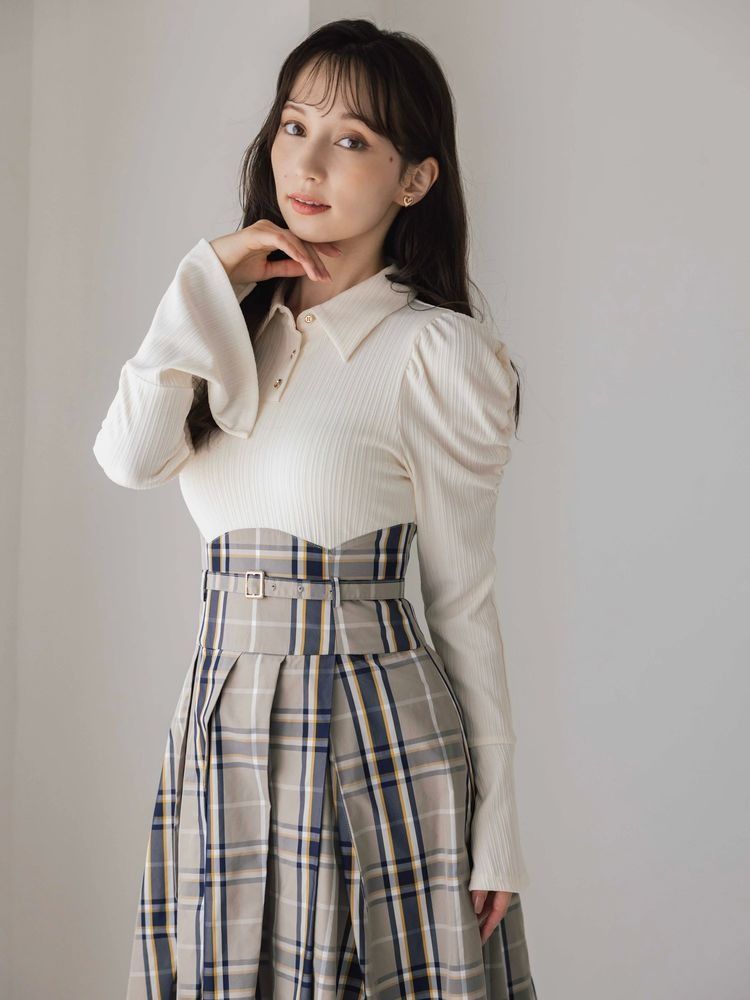 新品未使用 dazzlin ダズリン シャツカラーコルセットタックワンピース 長袖 ロングスカート アイボリー 022550305501 Sサイズ 管理番号：193A-3575