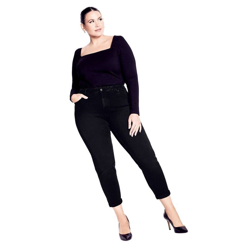 アベニュー レディース ボトムス デニムパンツ プラスサイズ プチ Avenue Womens Plusize Petite Denim Girlfriend Stretch Jean Black ブ