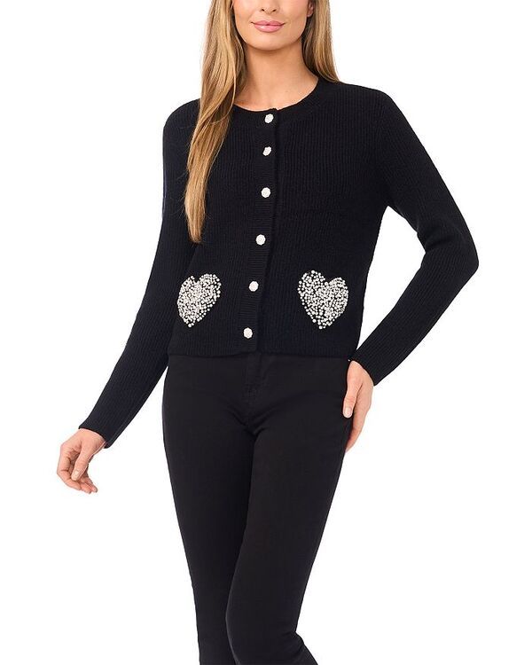 セセ レディース アウター カーディガン CeCe Rhinestone Heart Pocket Cardigan Rich Black ブラック